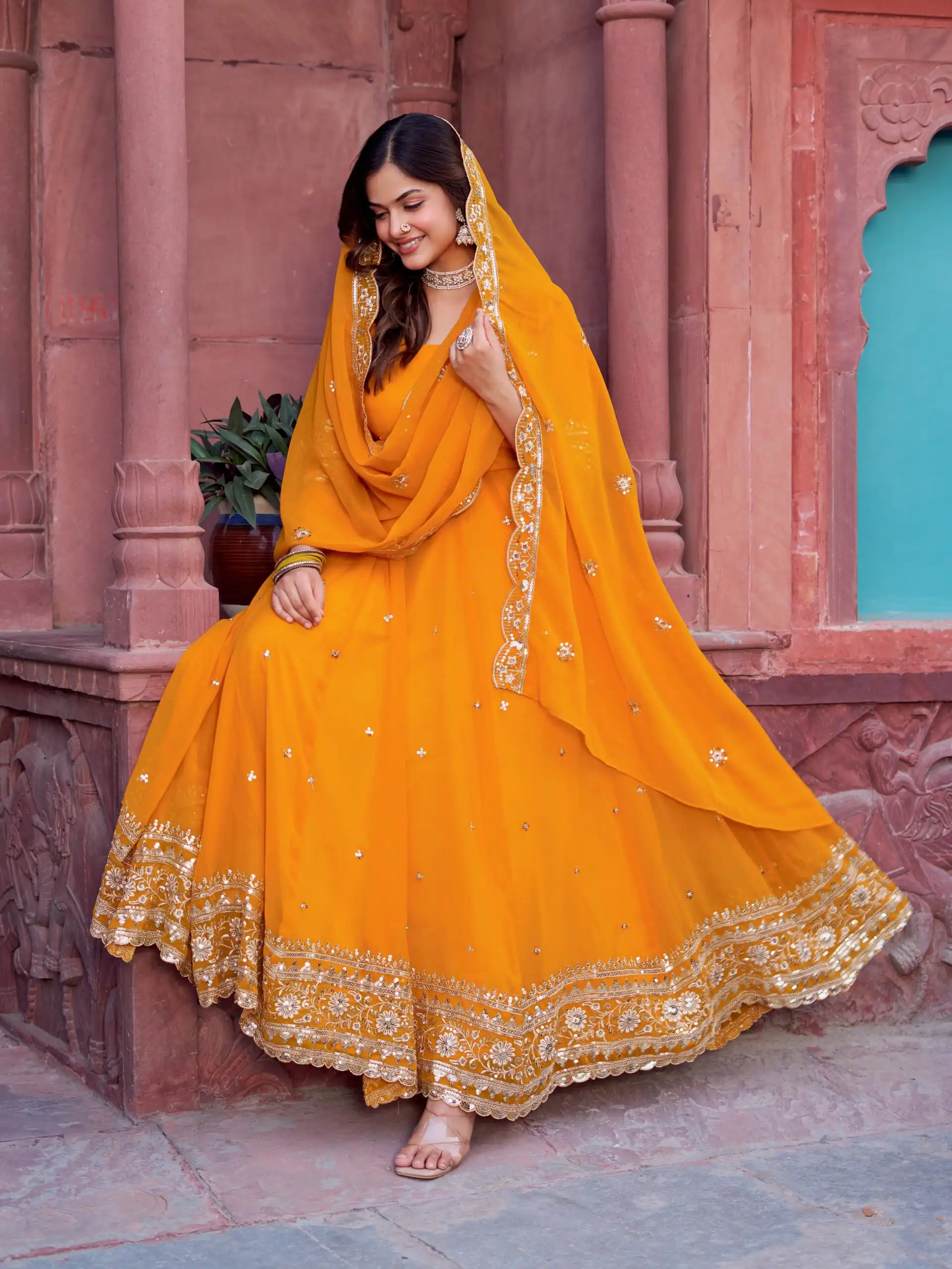 Magical Yellow Faux Georgette Sequence Work Gown - Image 4