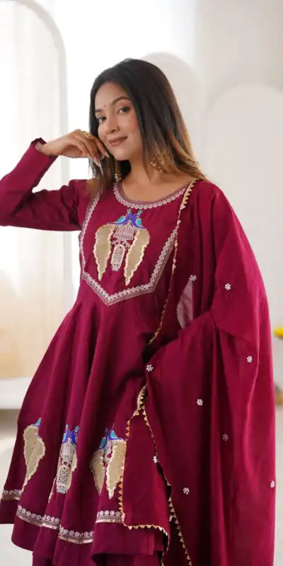 Nice Maroon Roman Silk Embroidery Work Salwar Suit