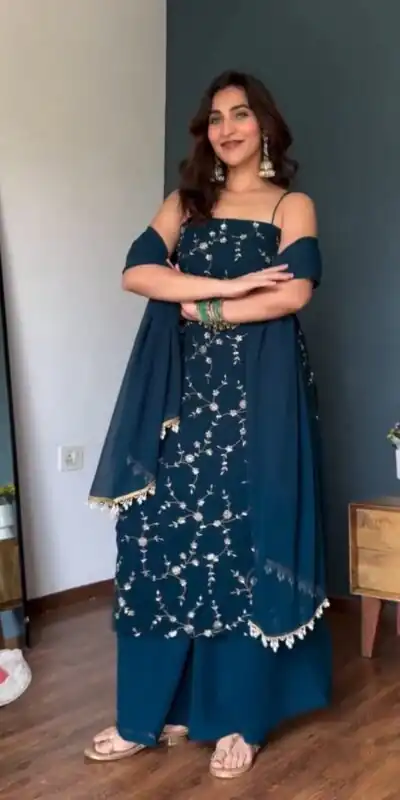 Perfect Teal Faux Georgette Sequence Work Salwar Suit