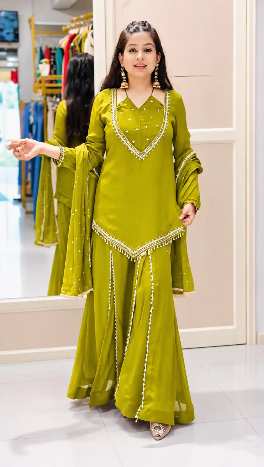 Pretty Mehendi Roman Glass Mirror Work Salwar Suit - Image 2
