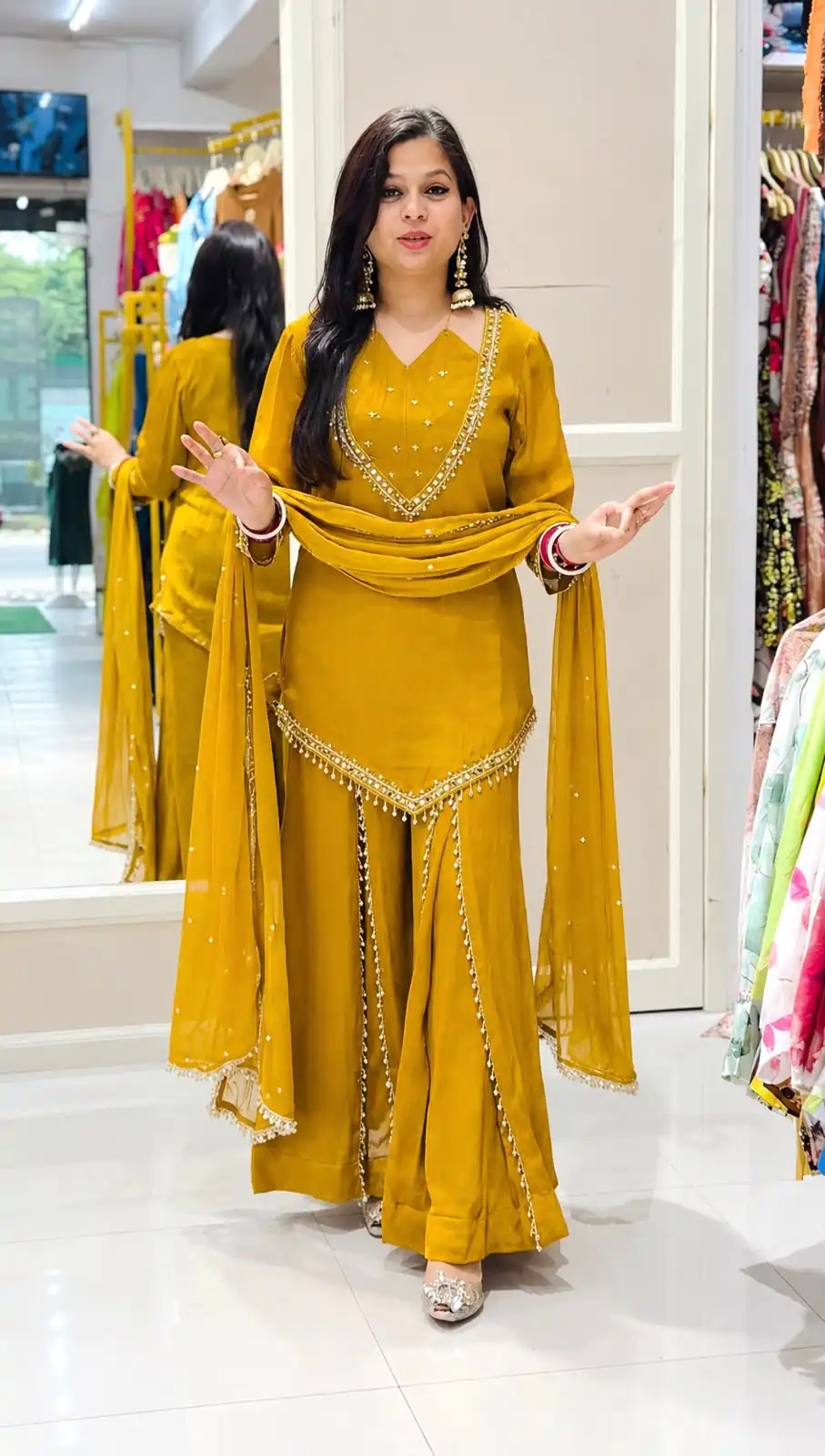 Pretty Mustered Roman Glass Mirror Work Salwar Suit - Image 4