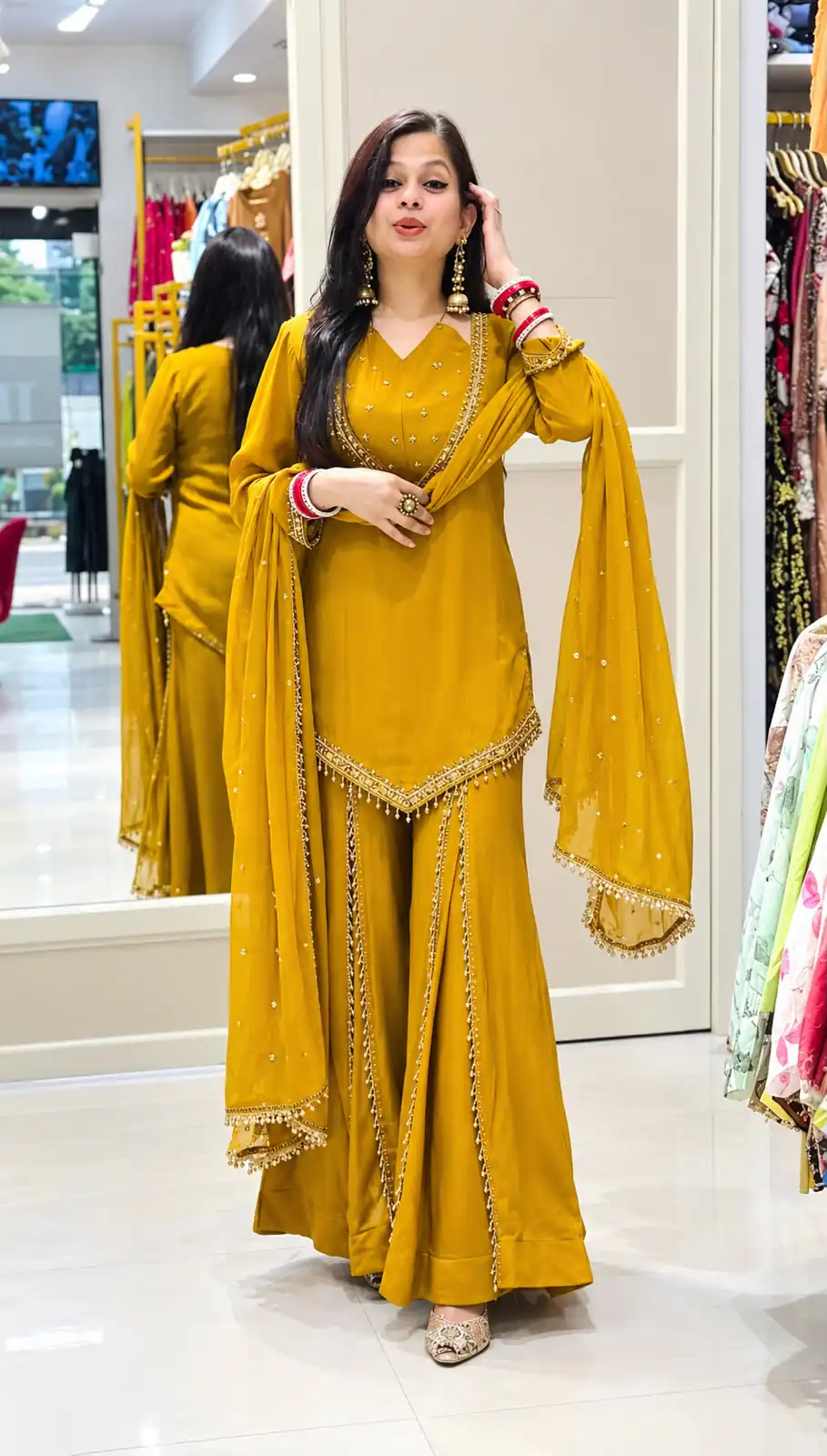 Pretty Mustered Roman Glass Mirror Work Salwar Suit - Image 3
