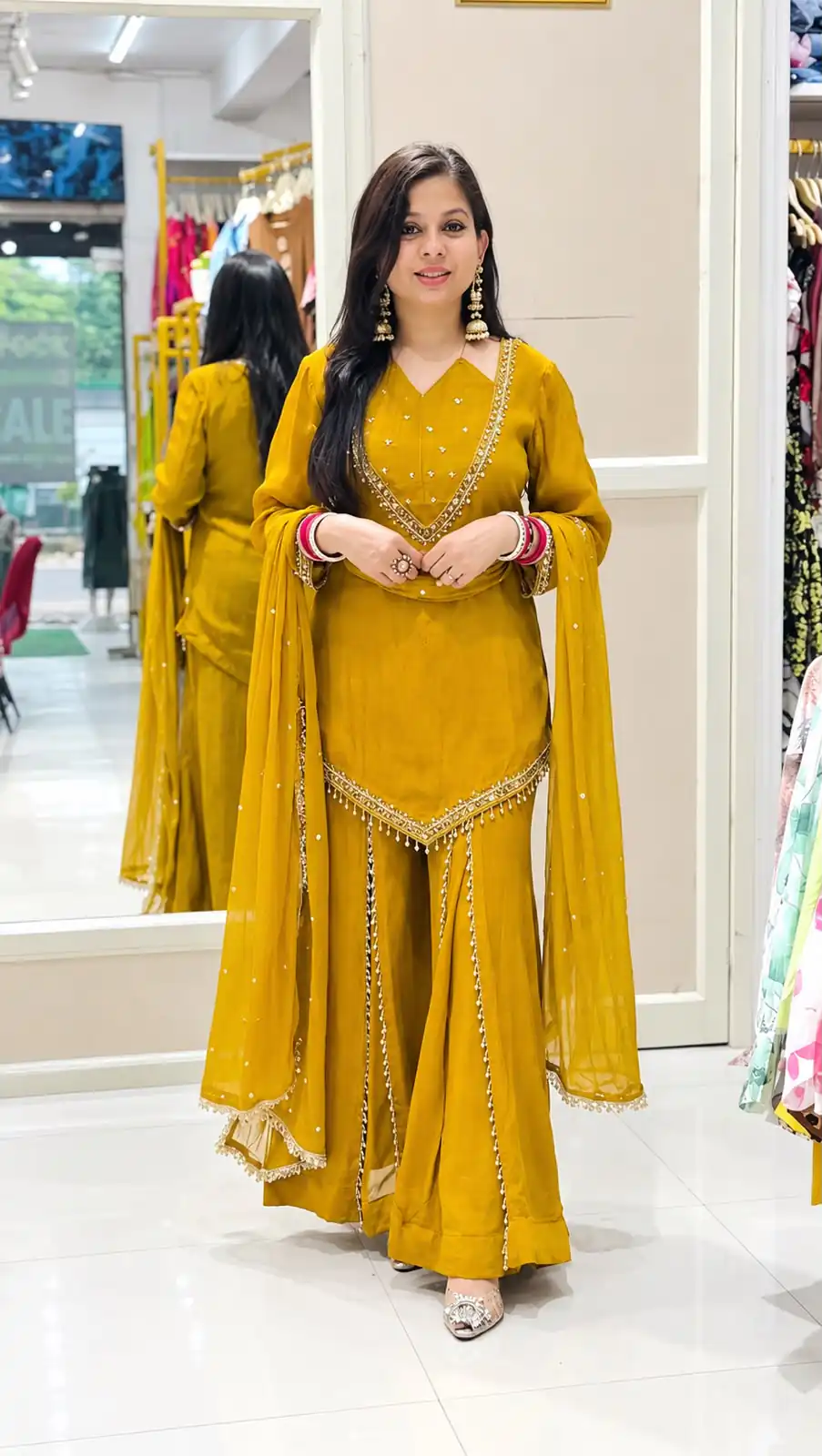 Pretty Mustered Roman Glass Mirror Work Salwar Suit