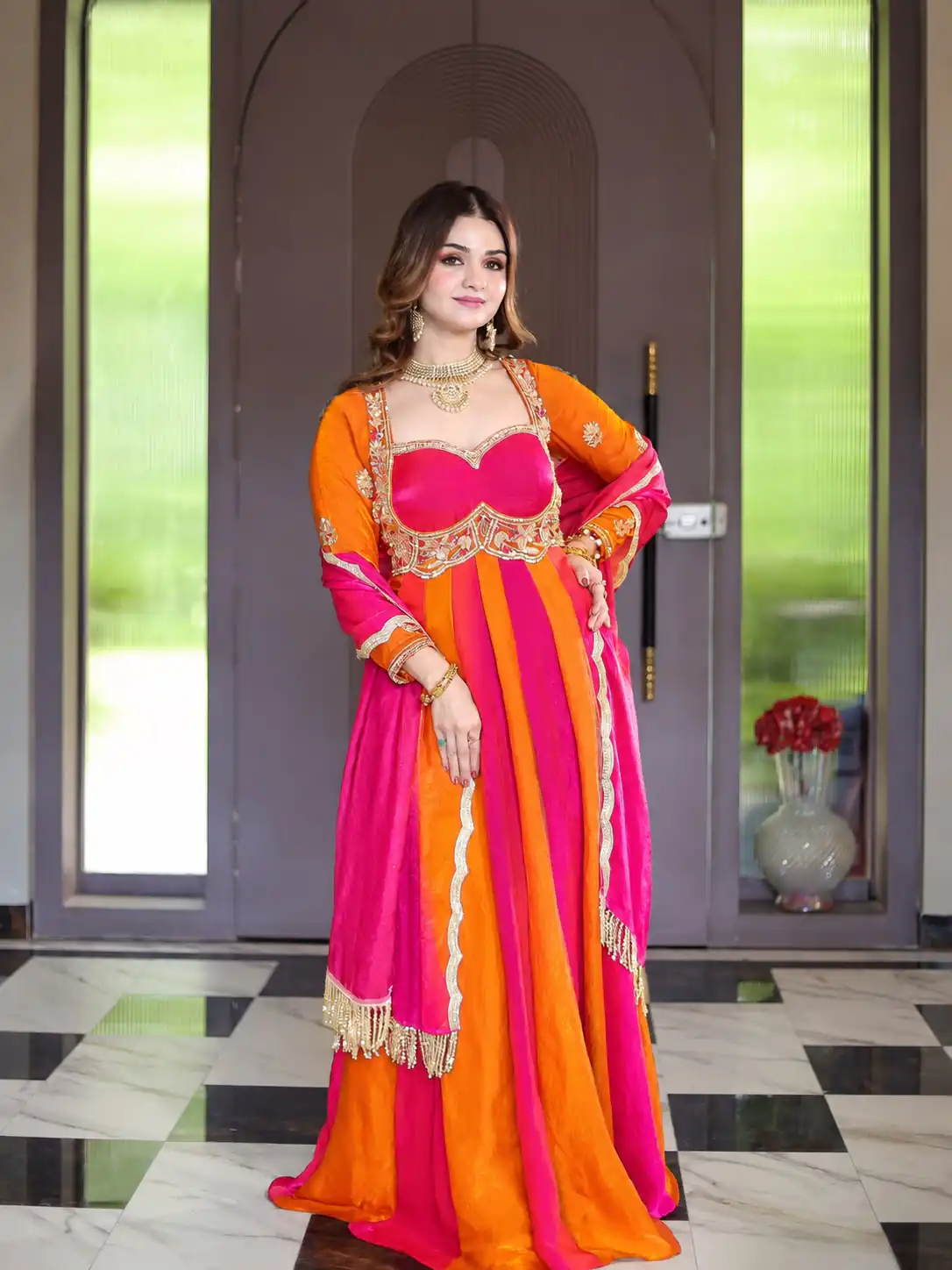 Pretty Pink Fendy Silk Embroider Work Gown