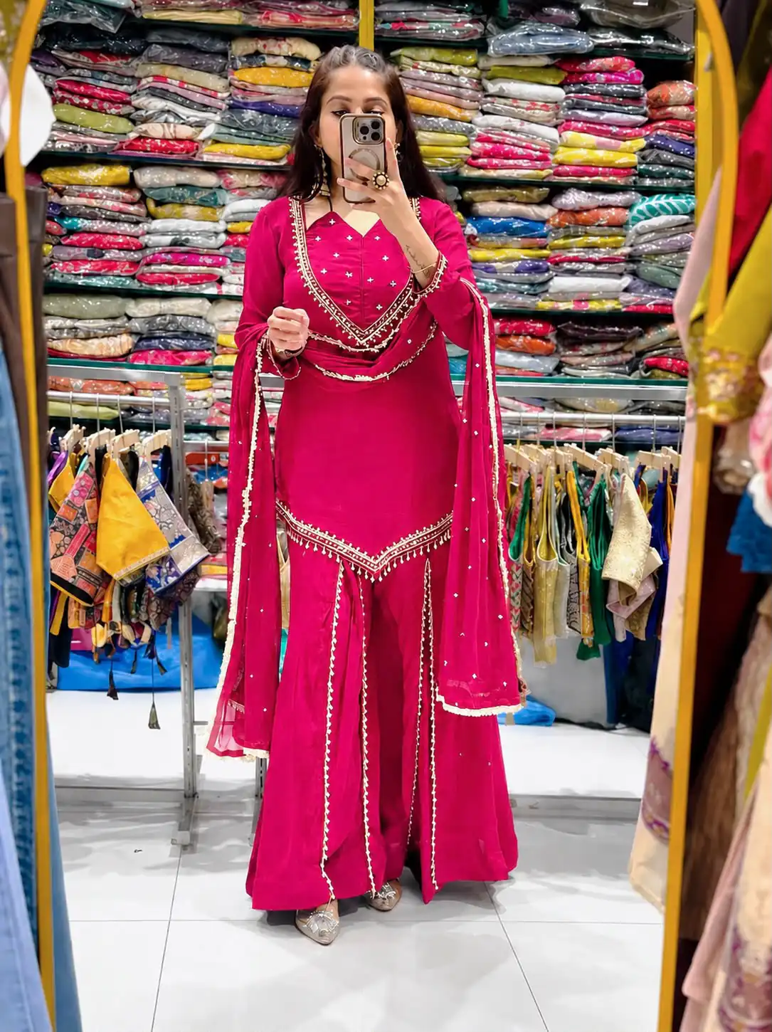Pretty Pink Roman Glass Mirror Work Salwar Suit - Image 3