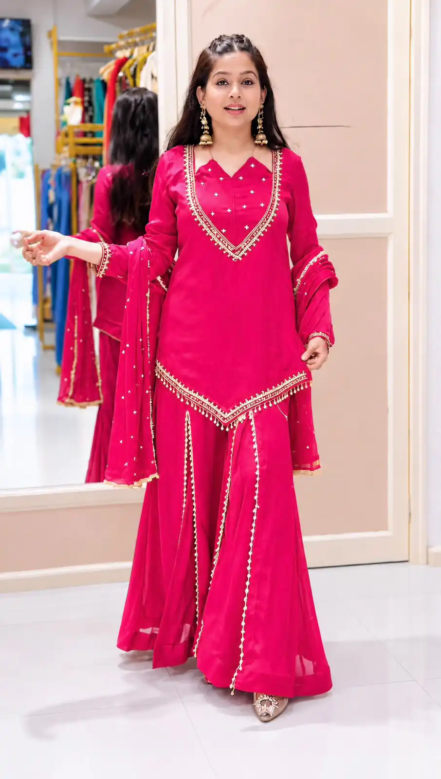 Pretty Pink Roman Glass Mirror Work Salwar Suit - Image 2