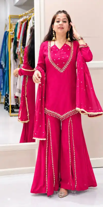 Pretty Pink Roman Glass Mirror Work Salwar Suit