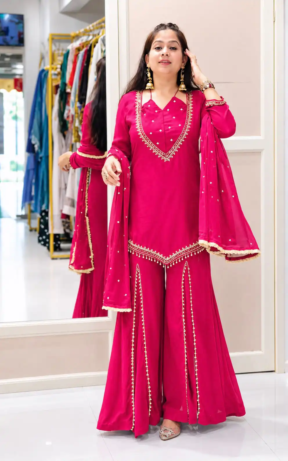 Pretty Pink Roman Glass Mirror Work Salwar Suit