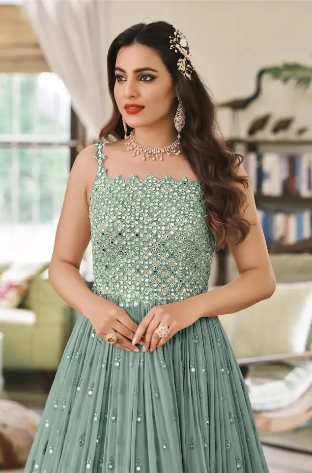 Pretty Sea Green Faux Georgette Sequence Work Salwar Suit - Image 2