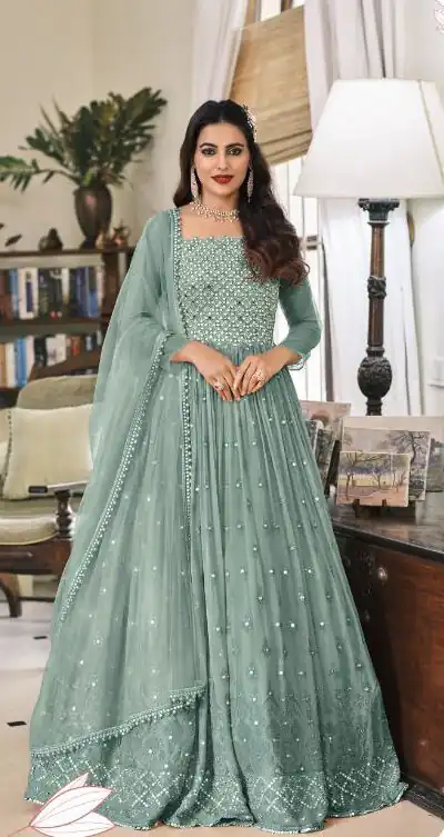 Pretty Sea Green Faux Georgette Sequence Work Salwar Suit