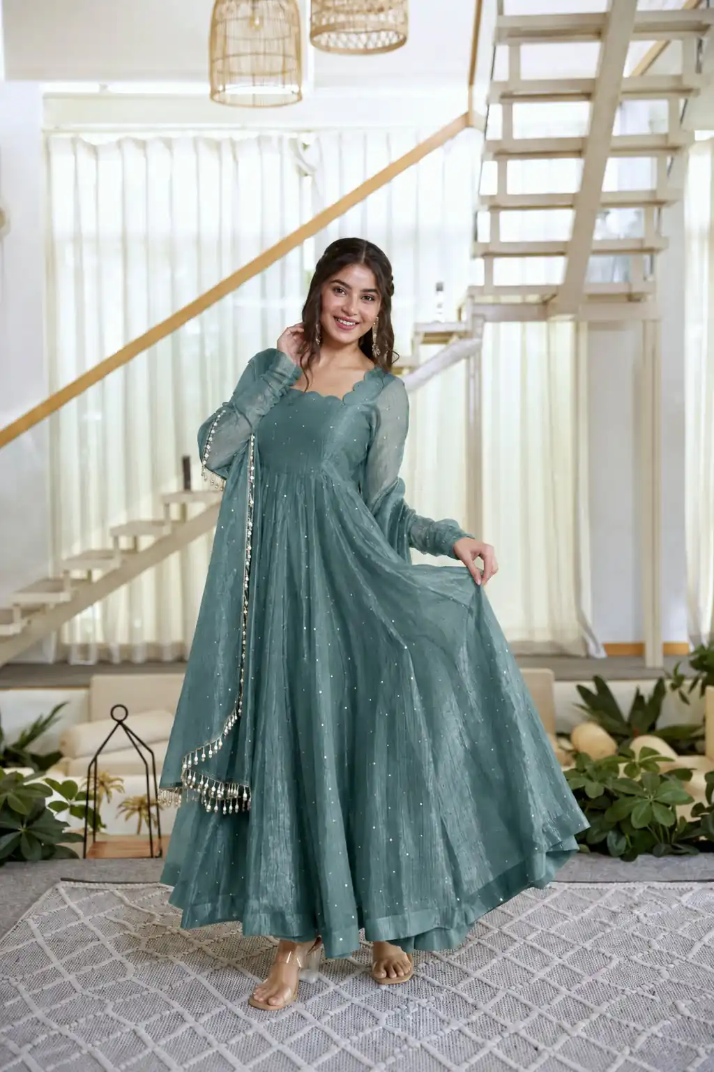 Pretty Teal Salsa Silk Embroidery Work Gown - Image 3