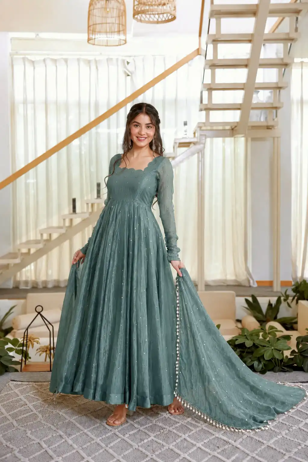 Pretty Teal Salsa Silk Embroidery Work Gown - Image 2