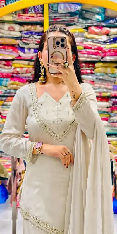 Pretty White Roman Glass Mirror Work Salwar Suit