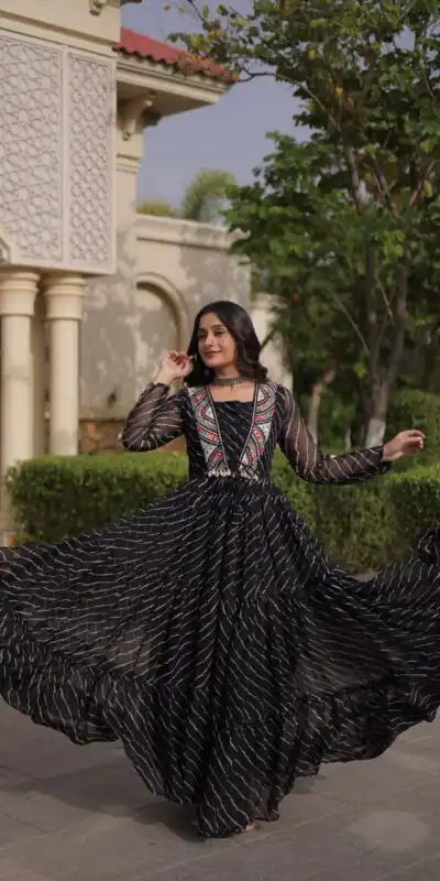 Alternative view of Shiny Black Faux Georgette Laheriya Print Work Gown