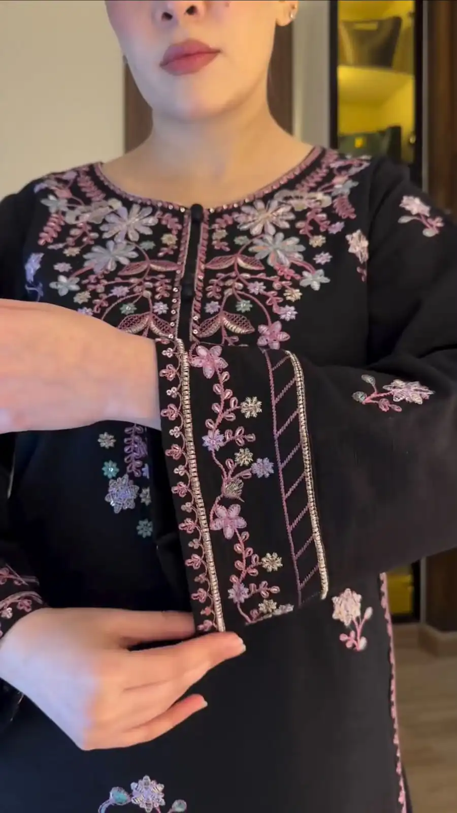 Shiny Black Rayon Satin Embroidery Work Salwar Suit - Image 5