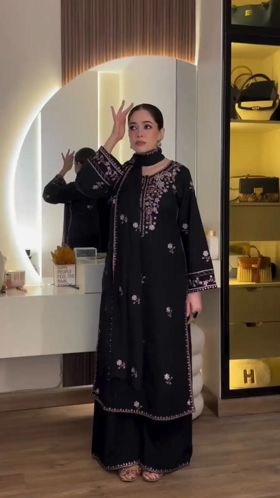 Shiny Black Rayon Satin Embroidery Work Salwar Suit - Image 3