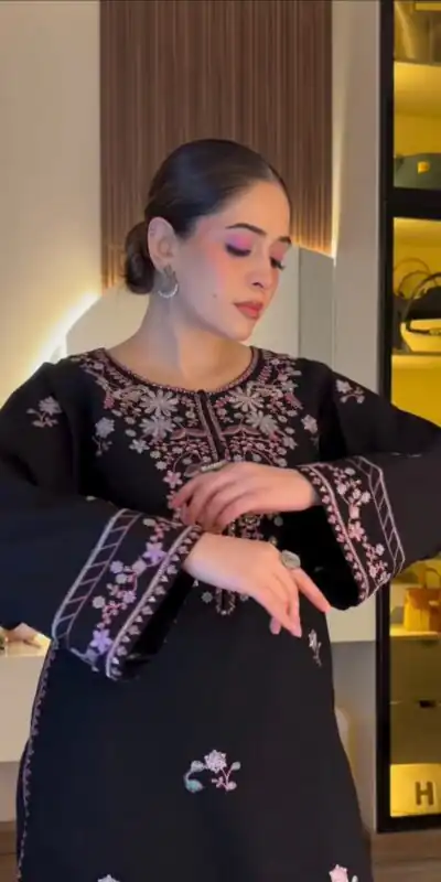 Shiny Black Rayon Satin Embroidery Work Salwar Suit