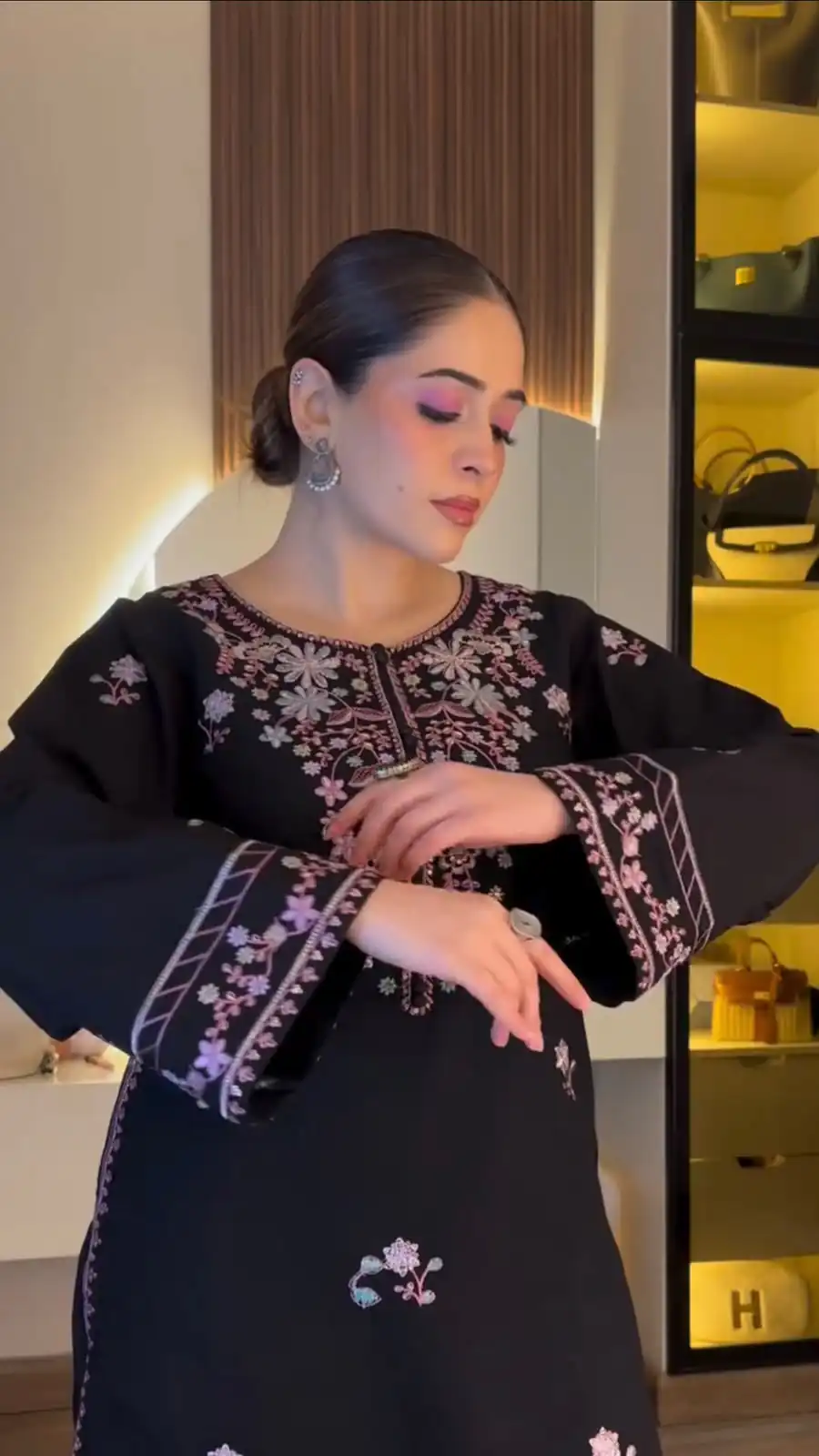 Shiny Black Rayon Satin Embroidery Work Salwar Suit