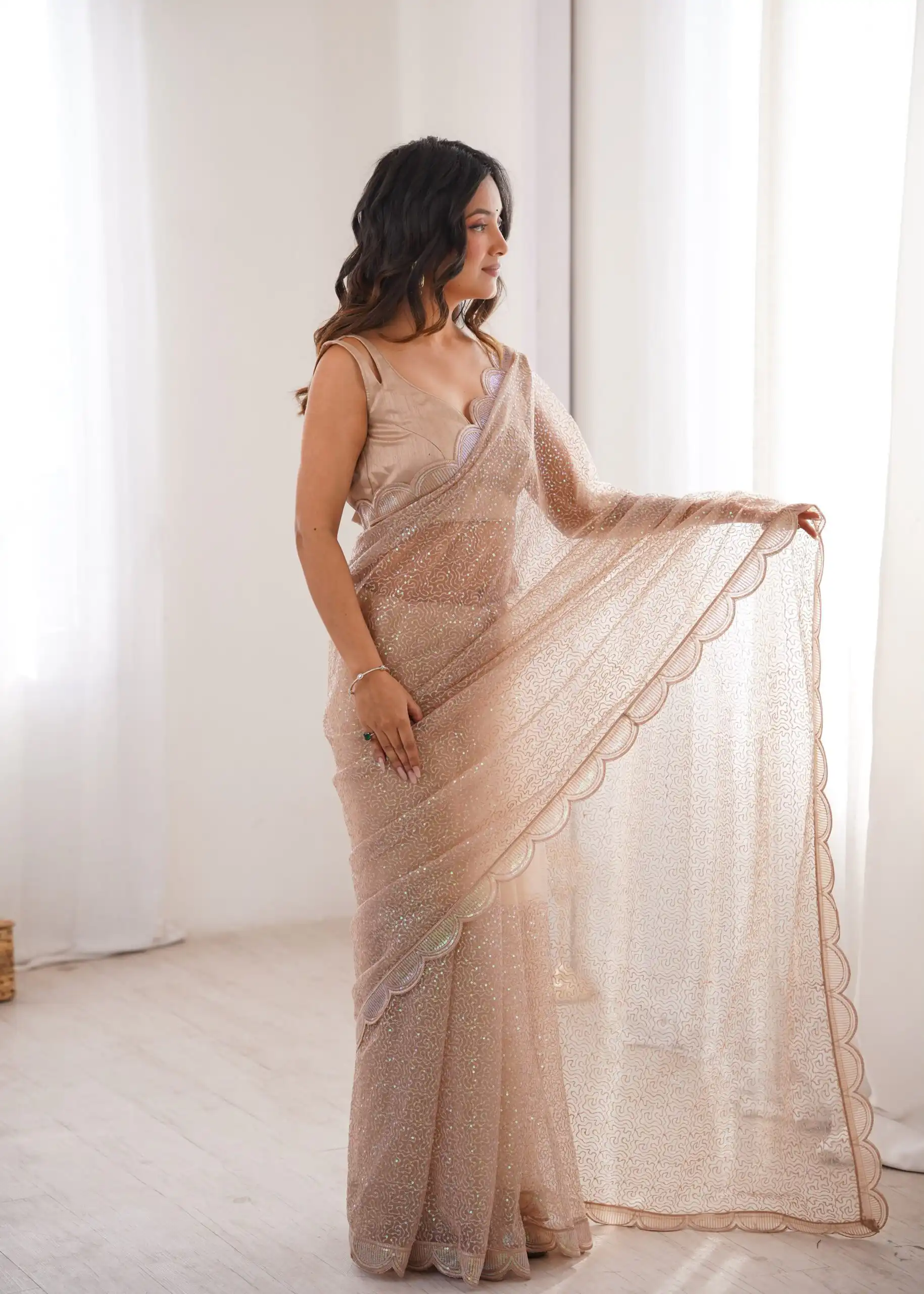 Shiny Cream Soft Net Sequins Work Saree - Image 3