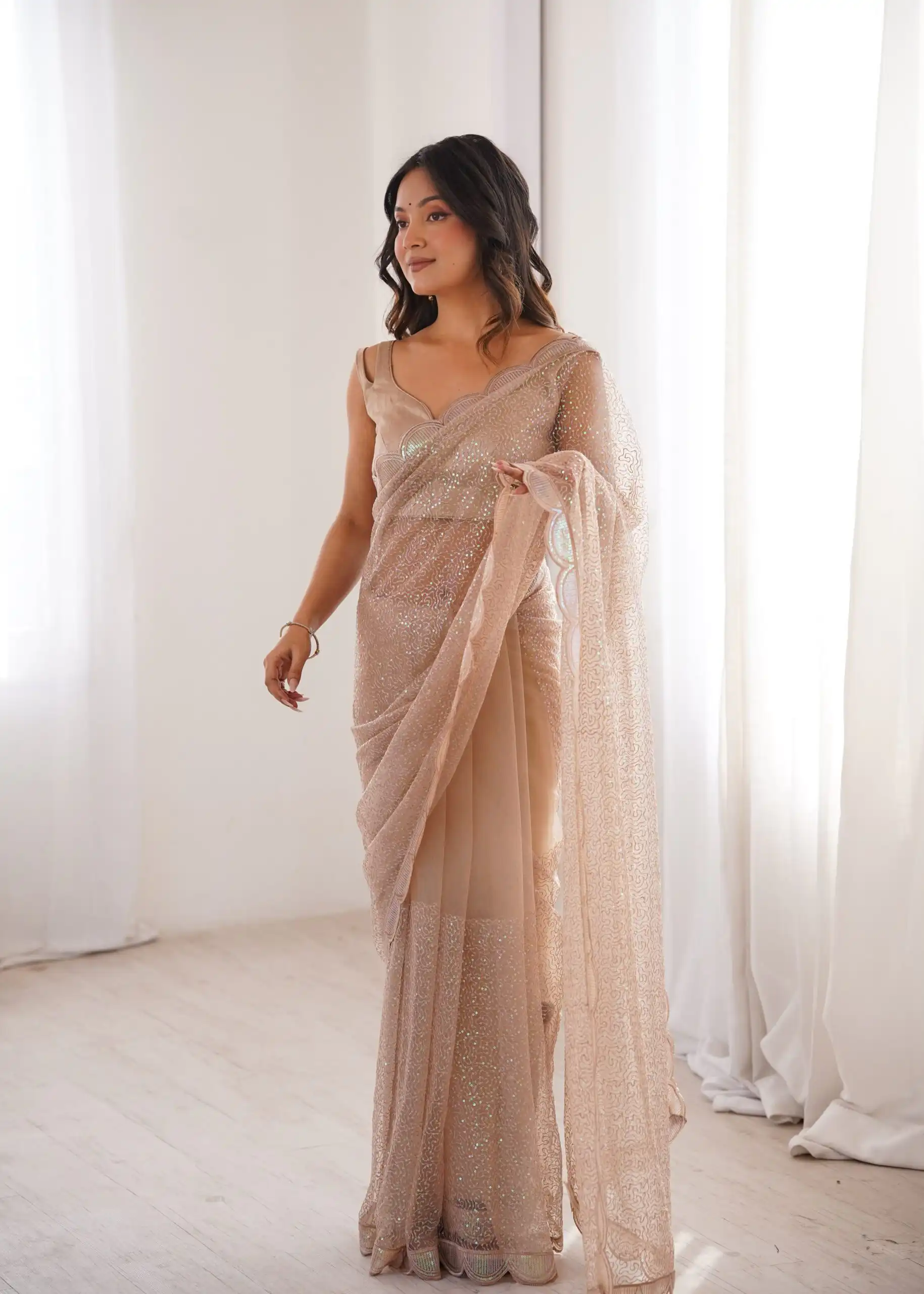 Shiny Cream Soft Net Sequins Work Saree - Image 2