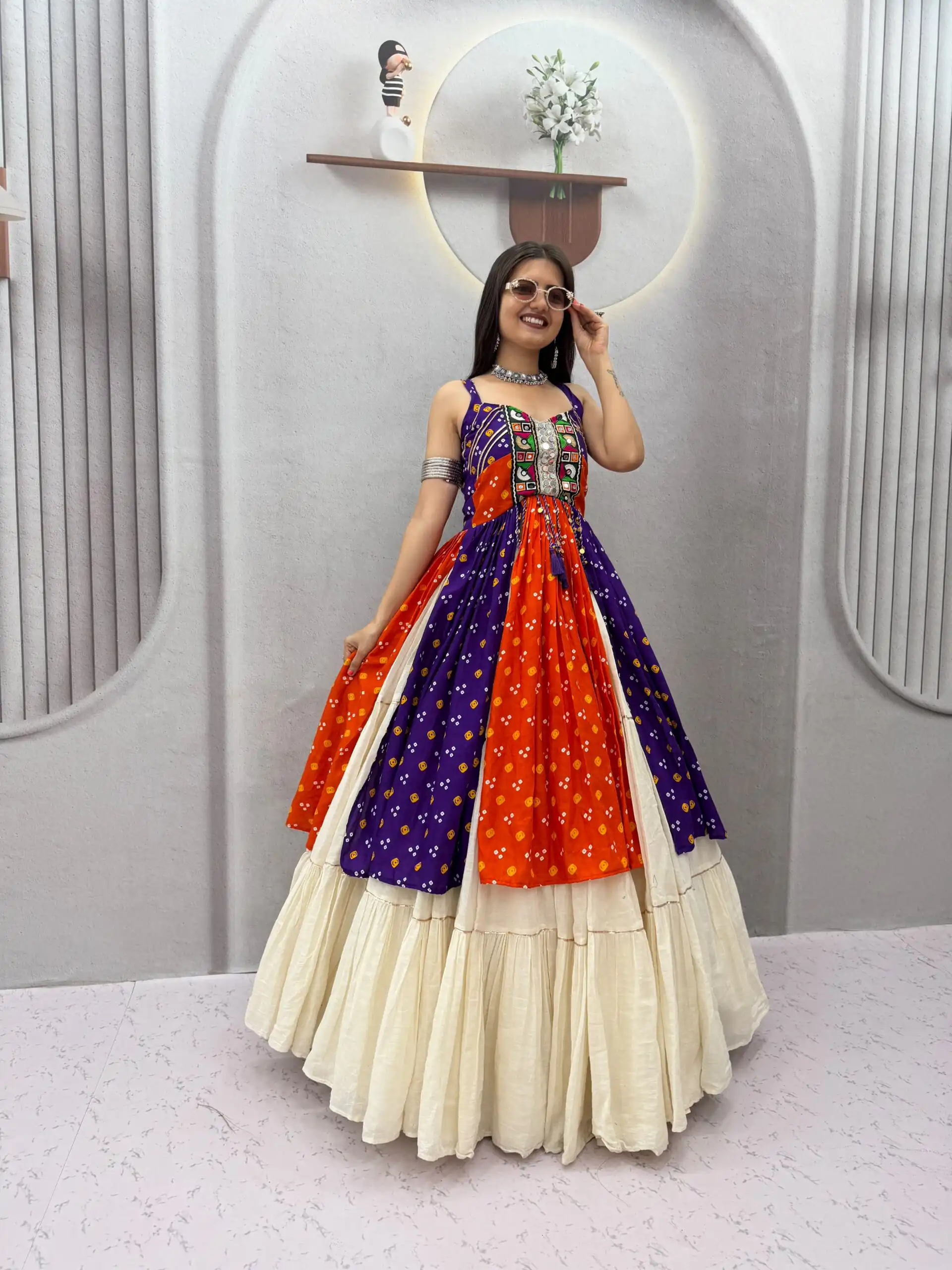 Shiny Orange Khadi Cotton Bandhej Mirror Work Lehenga Choli