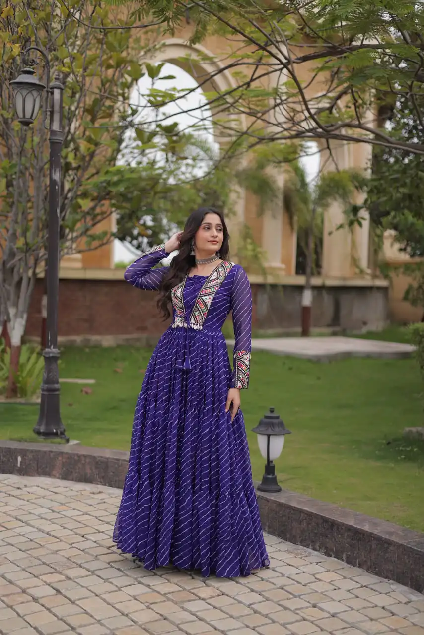 Shiny Purple Faux Georgette Laheriya Print Work Gown - Image 4
