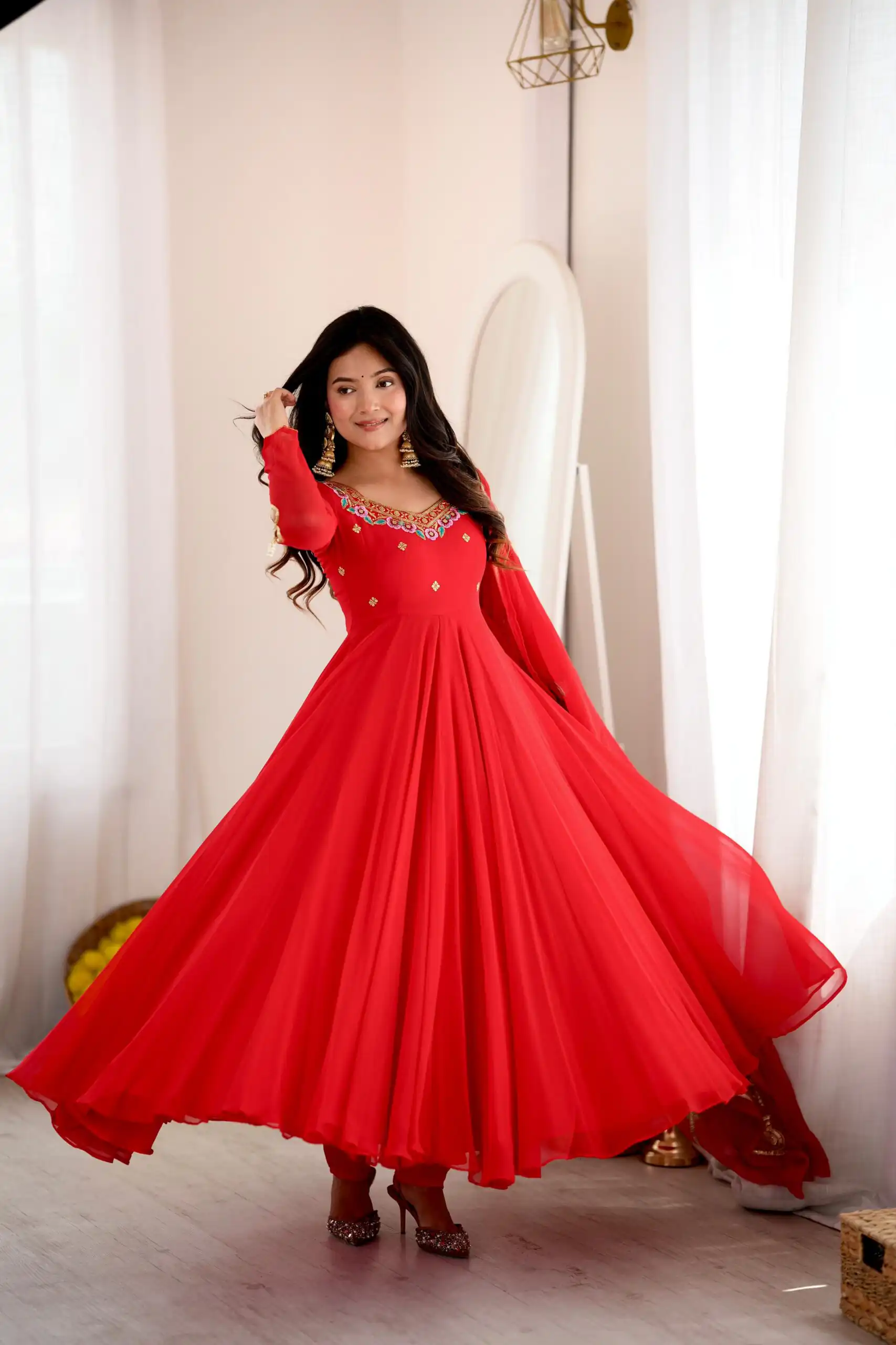 Shiny Red Faux Georgette Sequins Work Gown - Image 7