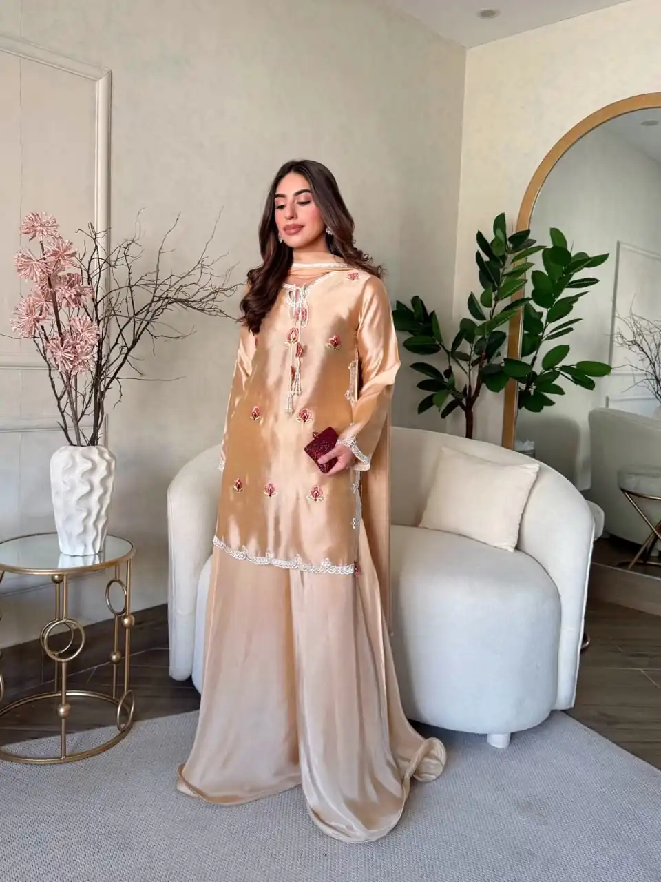 Super Cream Japan Satin With Embroidery Work Salwar Suit - Image 2