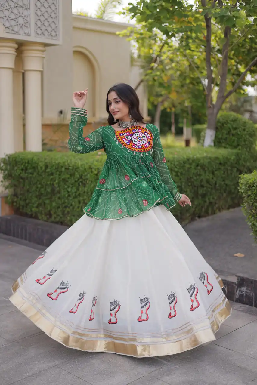 Super Green Kora Cotton Kutchi Gamthi Work Lehenga Choli - Image 4