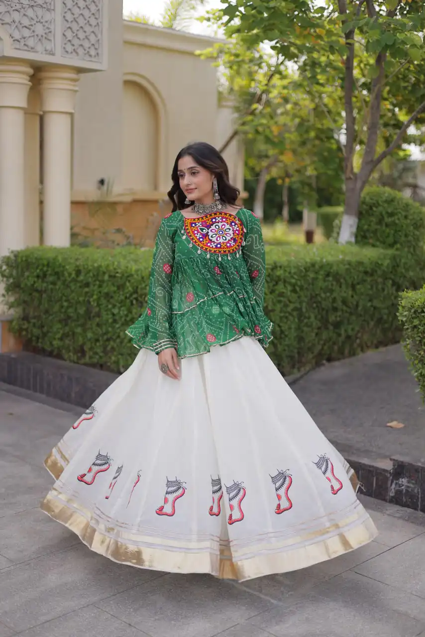 Super Green Kora Cotton Kutchi Gamthi Work Lehenga Choli - Image 3