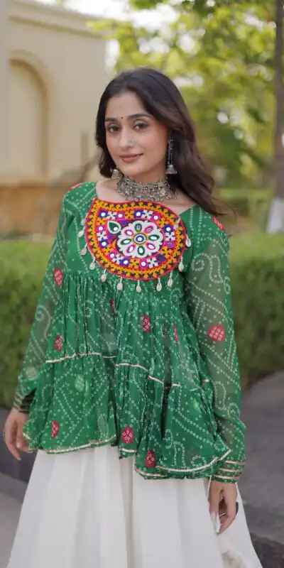 Alternative view of Super Green Kora Cotton Kutchi Gamthi Work Lehenga Choli