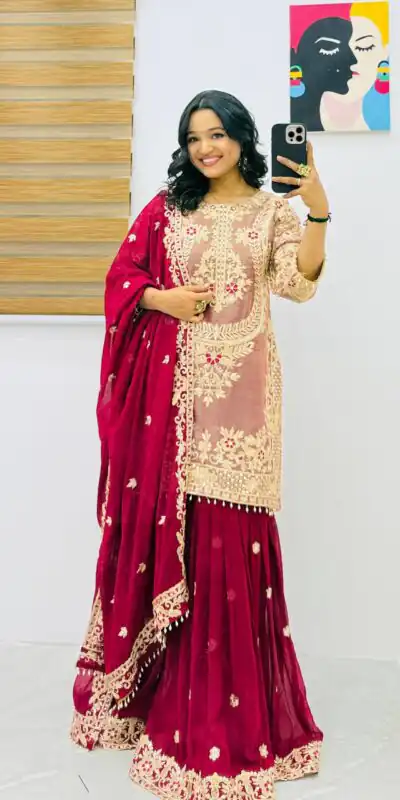 Super Maroon Crunchy Silk Embroidery Work Salwar Suit