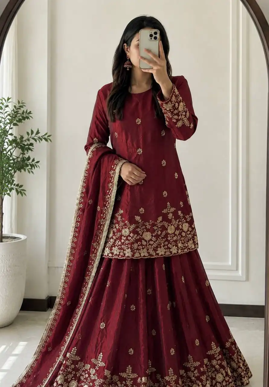 Super Maroon Fandy Silk Sequins Work Salwar Suit - Image 5