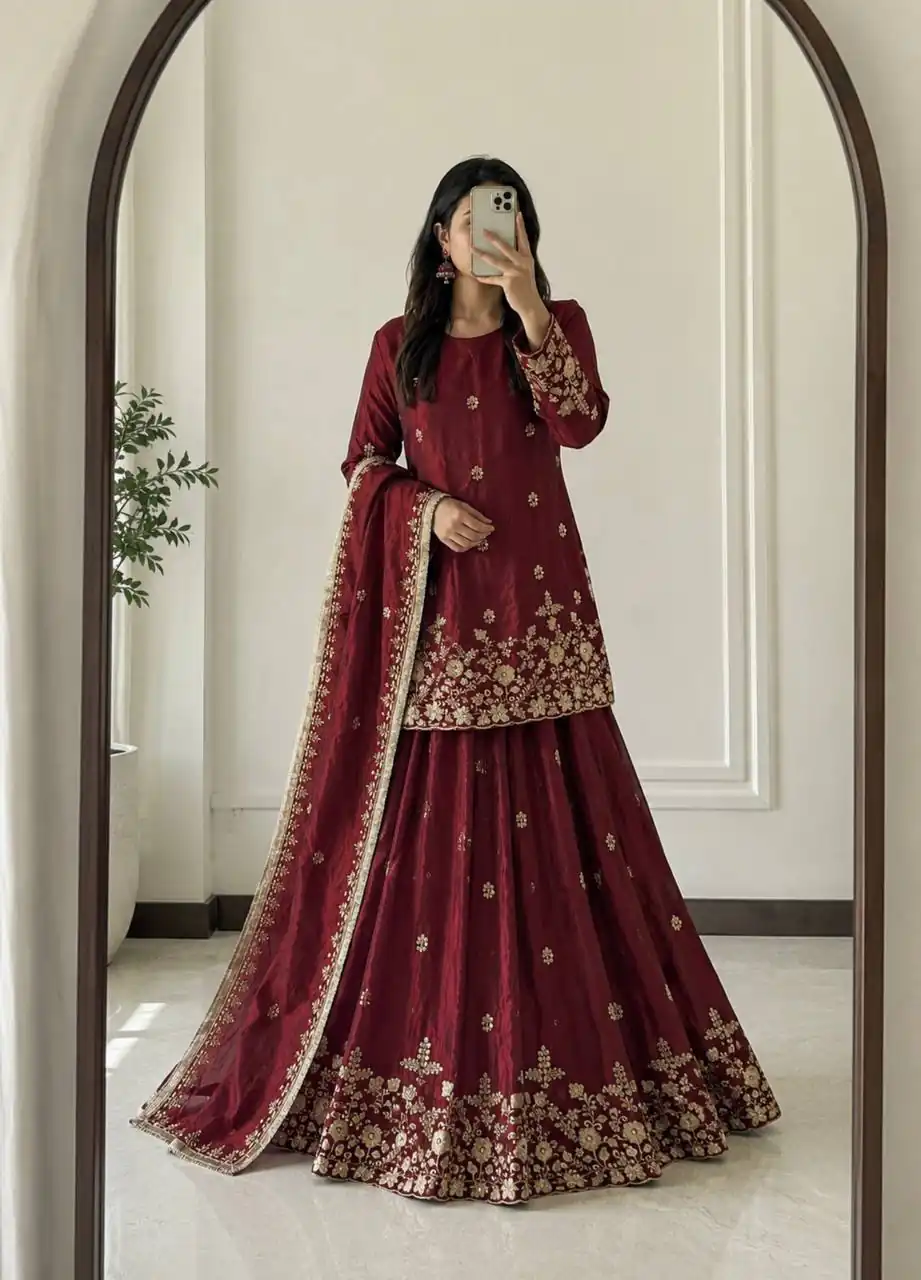 Super Maroon Fandy Silk Sequins Work Salwar Suit - Image 4