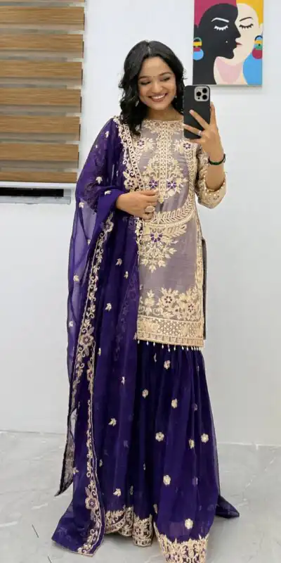 Super Purple Crunchy Silk Embroidery Work Salwar Suit