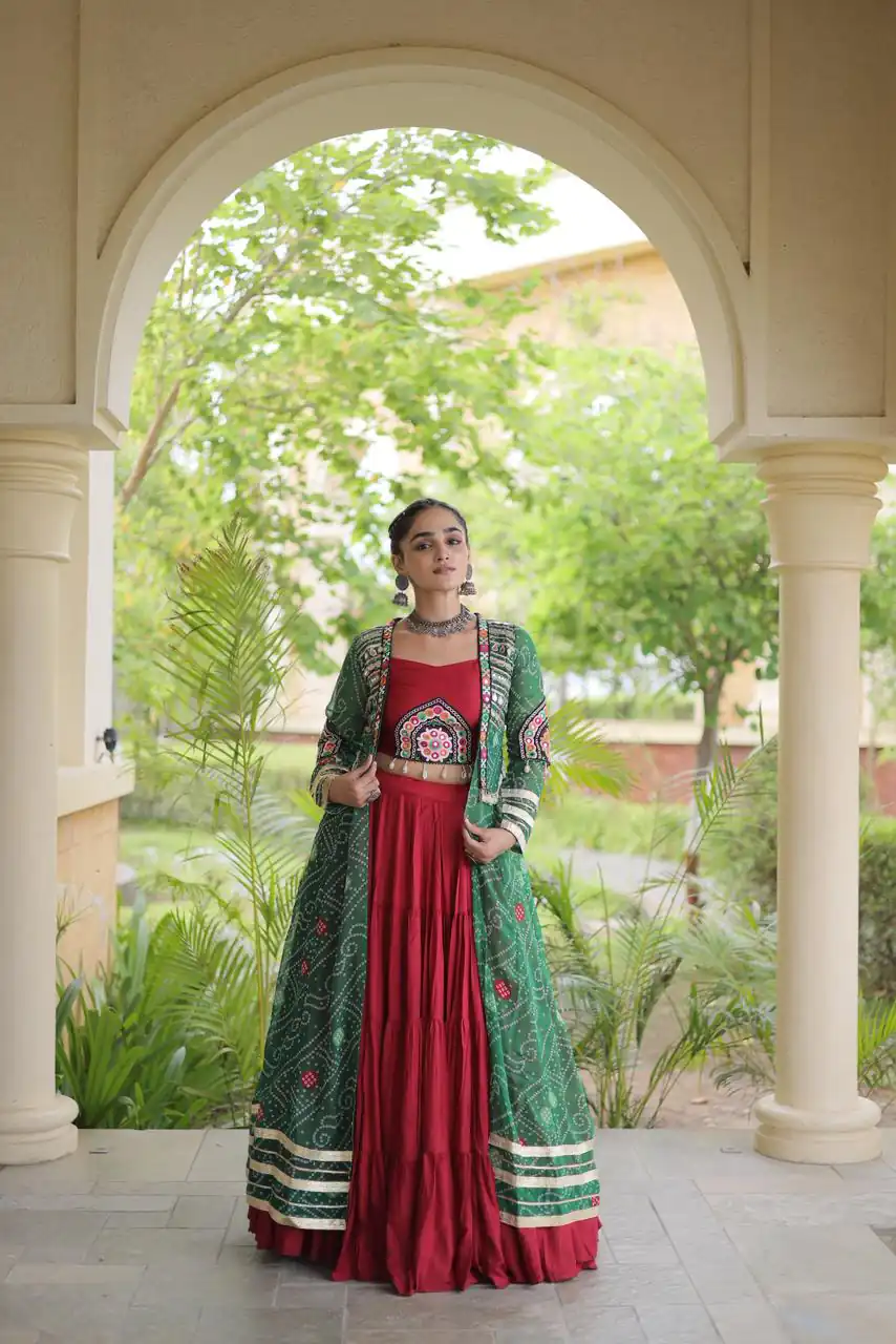 Trendy Red Rayon Patch Work Work Lehenga Choli - Image 3