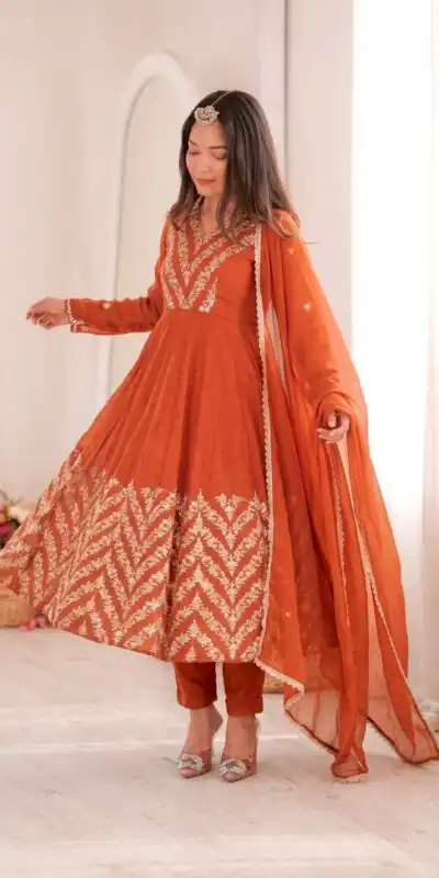 JF 050 Orange Embroidery Work & Sequins Work Salwar Suit in Peach Crunchy Silk. Festive Deal ₹2099. Delivery 4-6 Working Days. Shop now. | Anarkali Suits, Bollywood Anarkali, Creative-Anarkali, Designer Anarkali, Embroidered Anarkali, Party Wear Anarkali