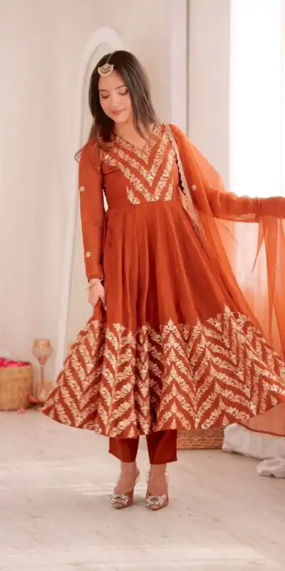 JF 050 Orange Embroidery Work & Sequins Work Salwar Suit in Peach Crunchy Silk. Festive Deal ₹2099. Delivery 4-6 Working Days. Shop now. | Anarkali Suits, Bollywood Anarkali, Creative-Anarkali, Designer Anarkali, Embroidered Anarkali, Party Wear Anarkali
