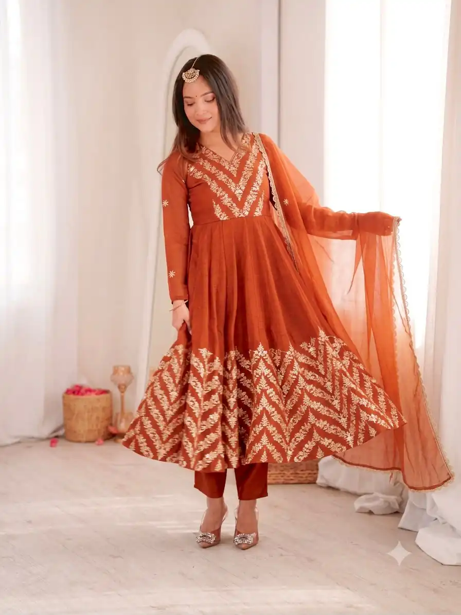 JF 050 Orange Embroidery Work & Sequins Work Salwar Suit in Peach Crunchy Silk. Festive Deal ₹2099. Delivery 4-6 Working Days. Shop now. | Anarkali Suits, Bollywood Anarkali, Creative-Anarkali, Designer Anarkali, Embroidered Anarkali, Party Wear Anarkali