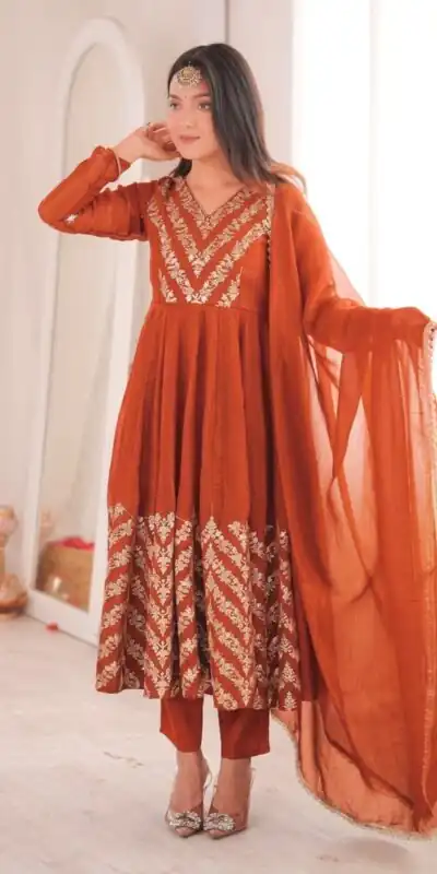 JF 050 Orange Embroidery Work & Sequins Work Salwar Suit in Peach Crunchy Silk. Festive Deal ₹2099. Delivery 4-6 Working Days. Shop now. | Anarkali Suits, Bollywood Anarkali, Creative-Anarkali, Designer Anarkali, Embroidered Anarkali, Party Wear Anarkali