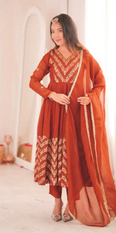 JF 050 Orange Embroidery Work & Sequins Work Salwar Suit in Peach Crunchy Silk. Festive Deal ₹2099. Delivery 4-6 Working Days. Shop now. | Anarkali Suits, Bollywood Anarkali, Creative-Anarkali, Designer Anarkali, Embroidered Anarkali, Party Wear Anarkali