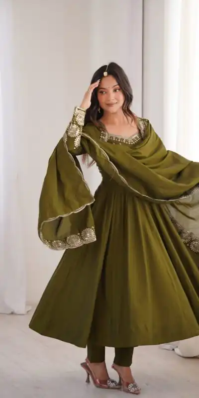 ZF 5026 Mehendi Colour Roman Silk Salwar Suit with Embroidery Work. Best Price ₹2399. Delivery 4-6 Working Days. Online Shop now. | Anarkali Suits, Bollywood Anarkali, Creative-Anarkali, Designer Anarkali, Embroidered Anarkali, Party Wear Anarkali