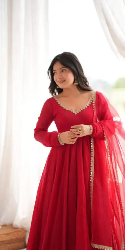 SRK 5355 Red Doremon Crush Gown with Lace Work & Mirror Work. Exclusive Offer ₹2099. Delivery 4-6 Working Days. Shop now. | Gowns, Bollywood Gowns, Creative Gowns, Designer Gowns, Embroidered Gowns, Party Wear Gowns