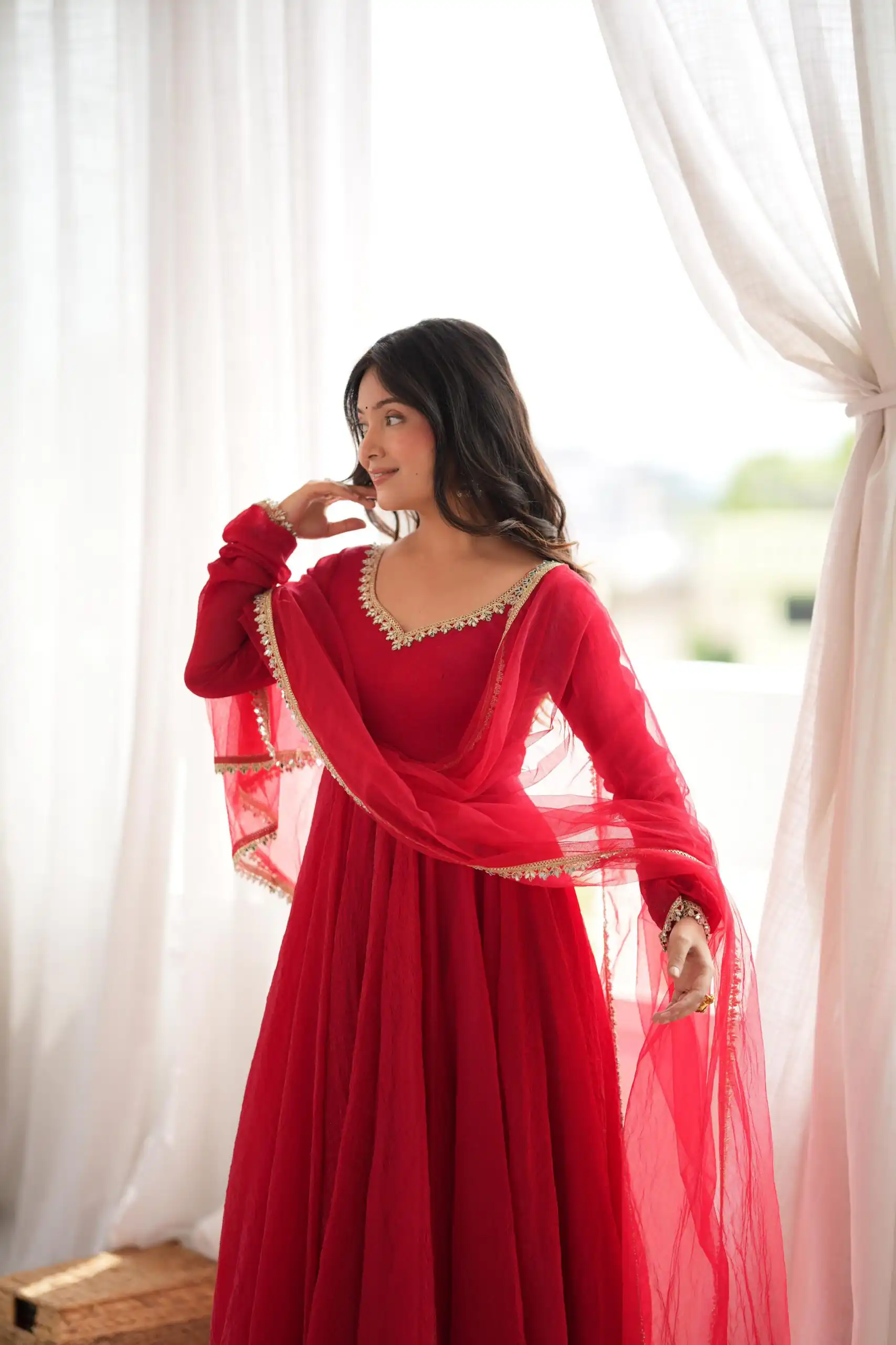 SRK 5355 Red Doremon Crush Gown with Lace Work & Mirror Work. Exclusive Offer ₹2099. Delivery 4-6 Working Days. Shop now. | Gowns, Bollywood Gowns, Creative Gowns, Designer Gowns, Embroidered Gowns, Party Wear Gowns