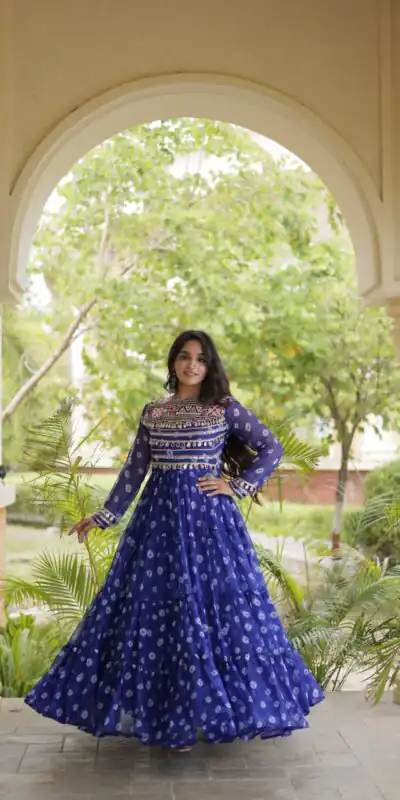 KA 1277 Blue in Colour Faux Georgette Bandhani Print Work Gown. Available at ₹2119 only. Delivery 4-6 Working Days. Shop now. | Gowns, Bollywood Gowns, Creative Gowns, Designer Gowns, Embroidered Gowns, Party Wear Gowns