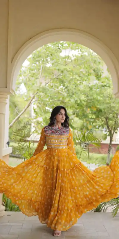 KA 1277 Yellow in Colour Faux Georgette Bandhani Print Work Gown. Available at ₹2119 only. Delivery 4-6 Working Days. Shop now. | Gowns, Bollywood Gowns, Creative Gowns, Designer Gowns, Embroidered Gowns, Party Wear Gowns