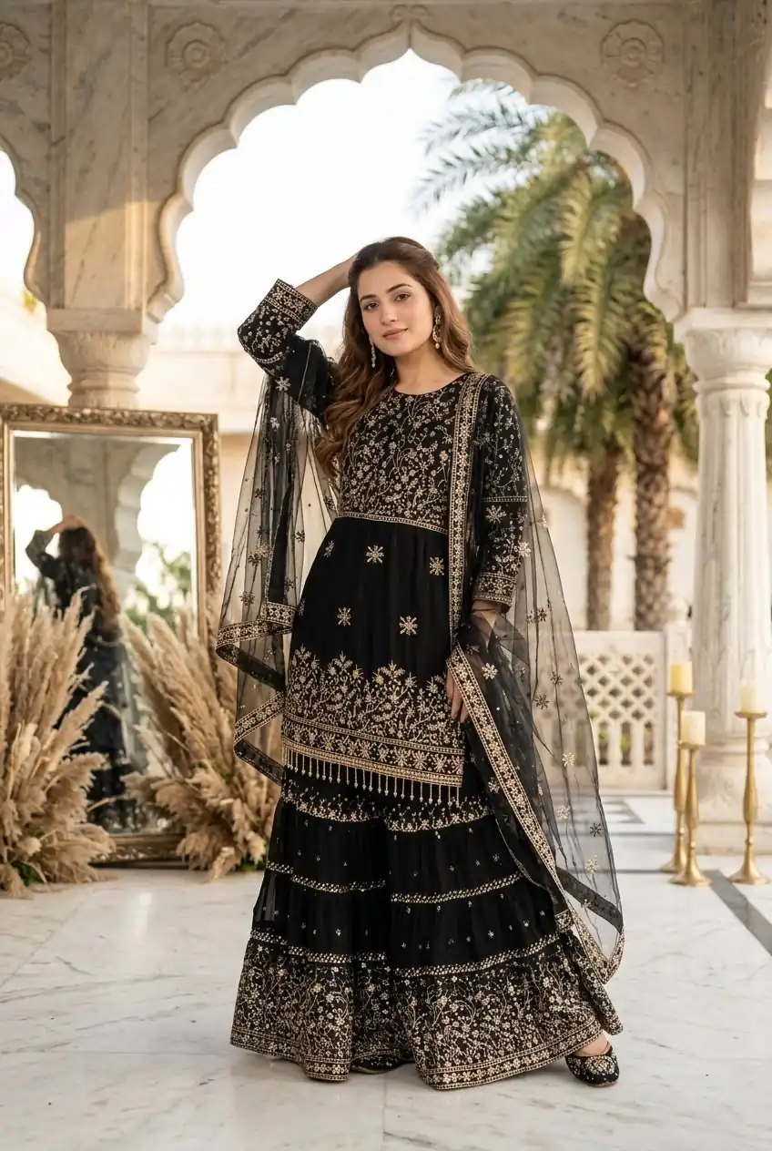 KF 1735 Black Faux Georgette Salwar Suit with Mirror Work & Embroidery Work. Get it for ₹2949. Delivery 4-6 Working Days. Shop now. | Jump Suits, Salwar suit, Casual Suits, Creative suits, Designer Suits, Palazzo Suits, Party Wear Suits, Patiala Suits, Straight Suits