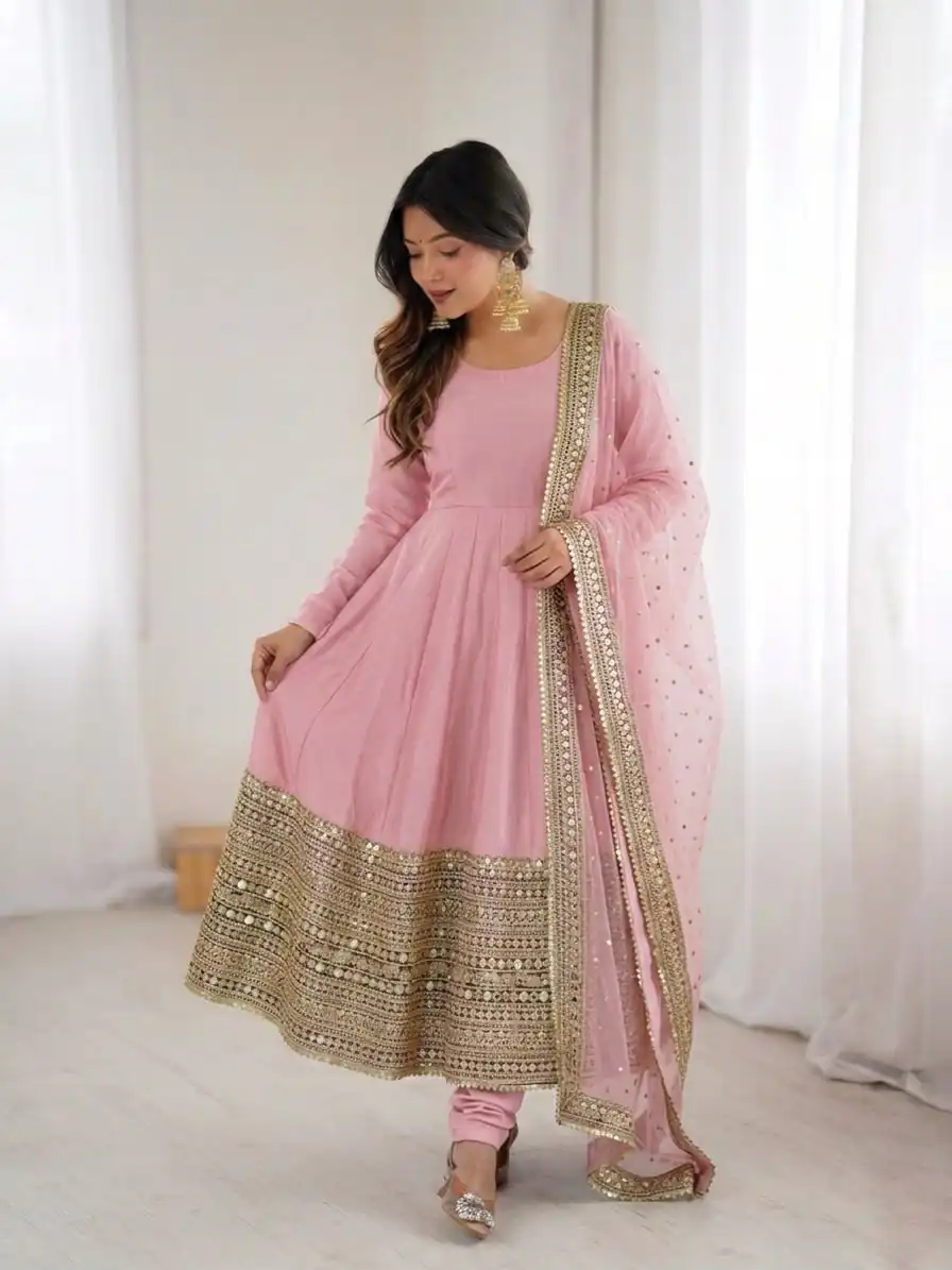ZSR 3152 Pink Color Roman silk Gown with Embroidery Work & Lace Work. Grab it for ₹2599. Delivery 4-6 Working Days. Shop now. | Gowns, Bollywood Gowns, Creative Gowns, Designer Gowns, Embroidered Gowns, Party Wear Gowns