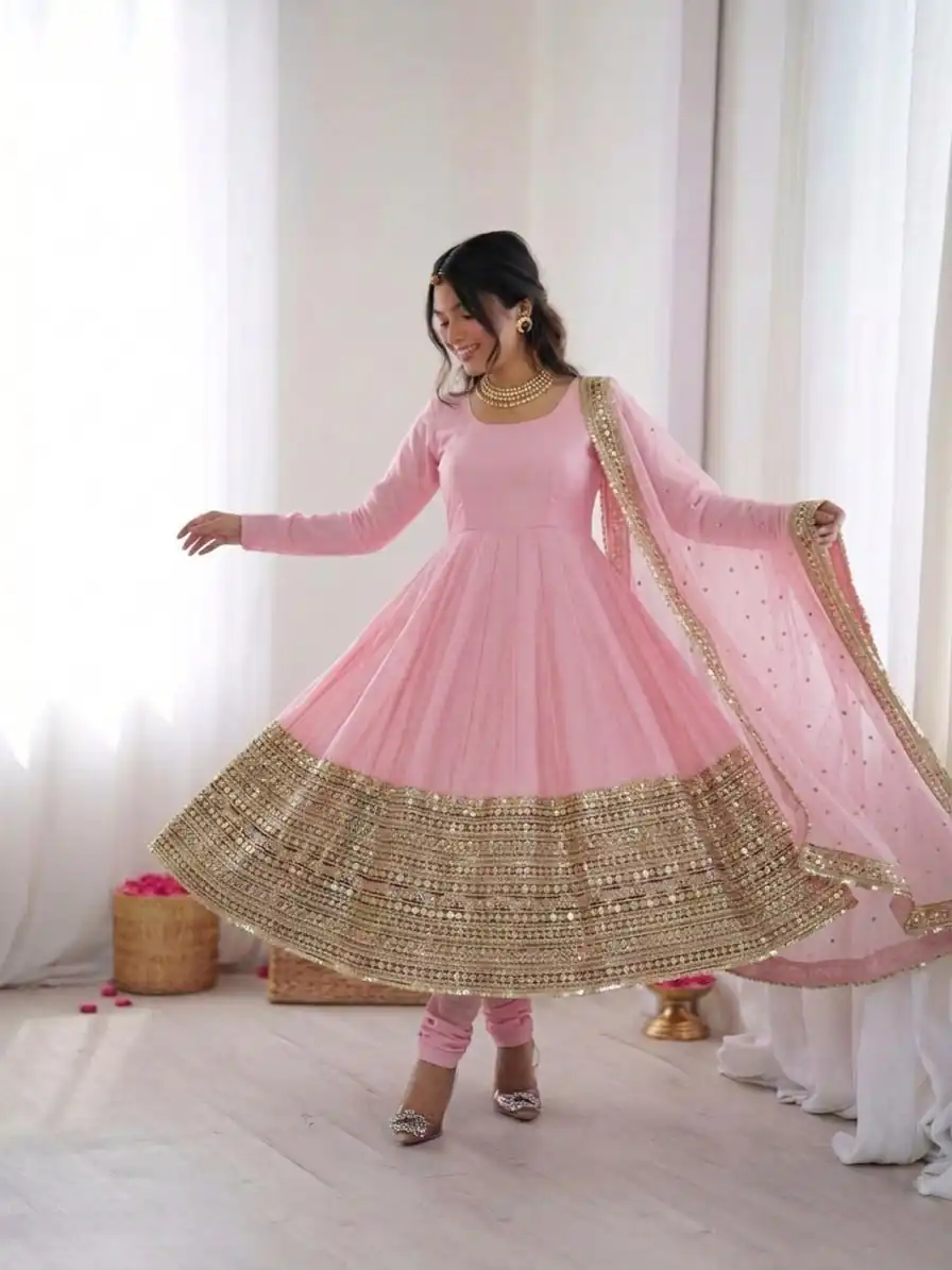 ZSR 3152 Pink Color Roman silk Gown with Embroidery Work & Lace Work. Grab it for ₹2599. Delivery 4-6 Working Days. Shop now. | Gowns, Bollywood Gowns, Creative Gowns, Designer Gowns, Embroidered Gowns, Party Wear Gowns