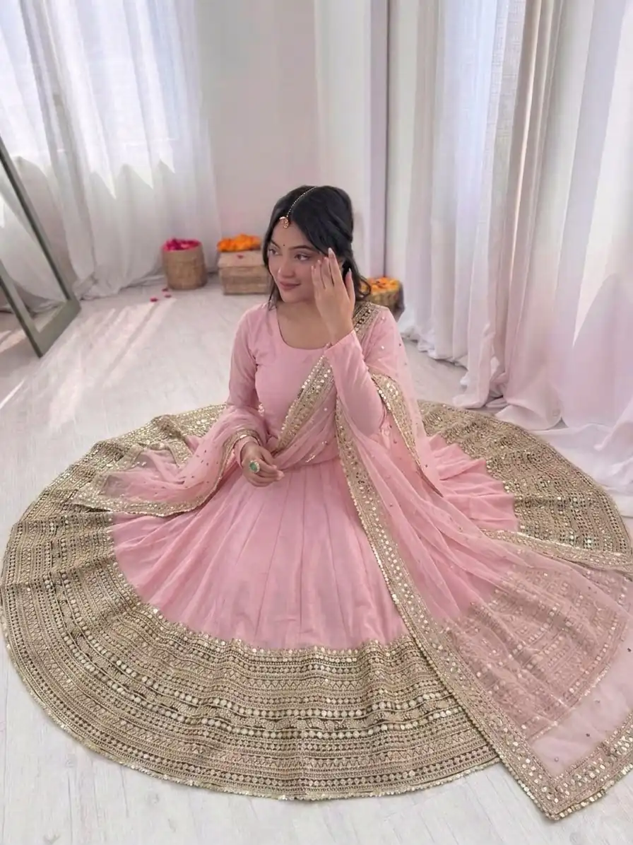 ZSR 3152 Pink Color Roman silk Gown with Embroidery Work & Lace Work. Grab it for ₹2599. Delivery 4-6 Working Days. Shop now. | Gowns, Bollywood Gowns, Creative Gowns, Designer Gowns, Embroidered Gowns, Party Wear Gowns